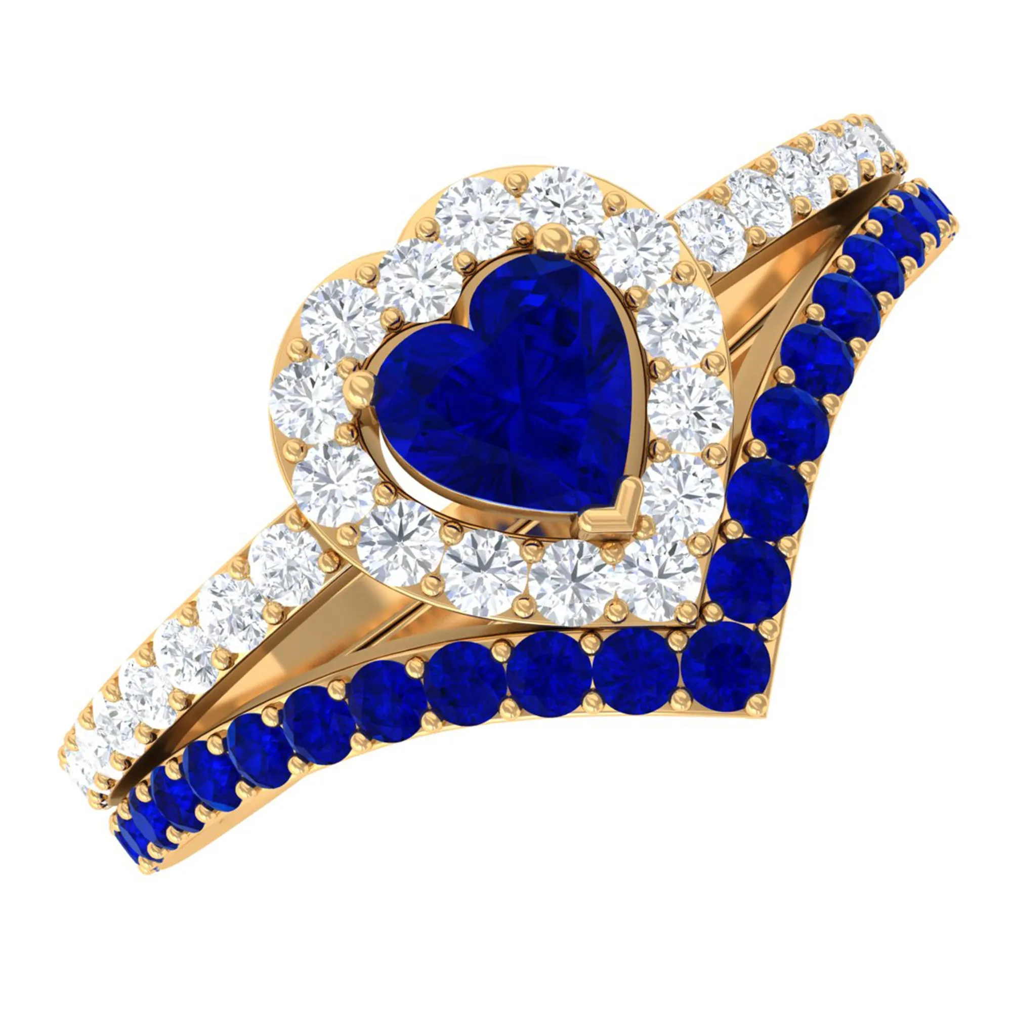 1 CT Created Blue Sapphire and Diamond Heart Wedding Ring Set