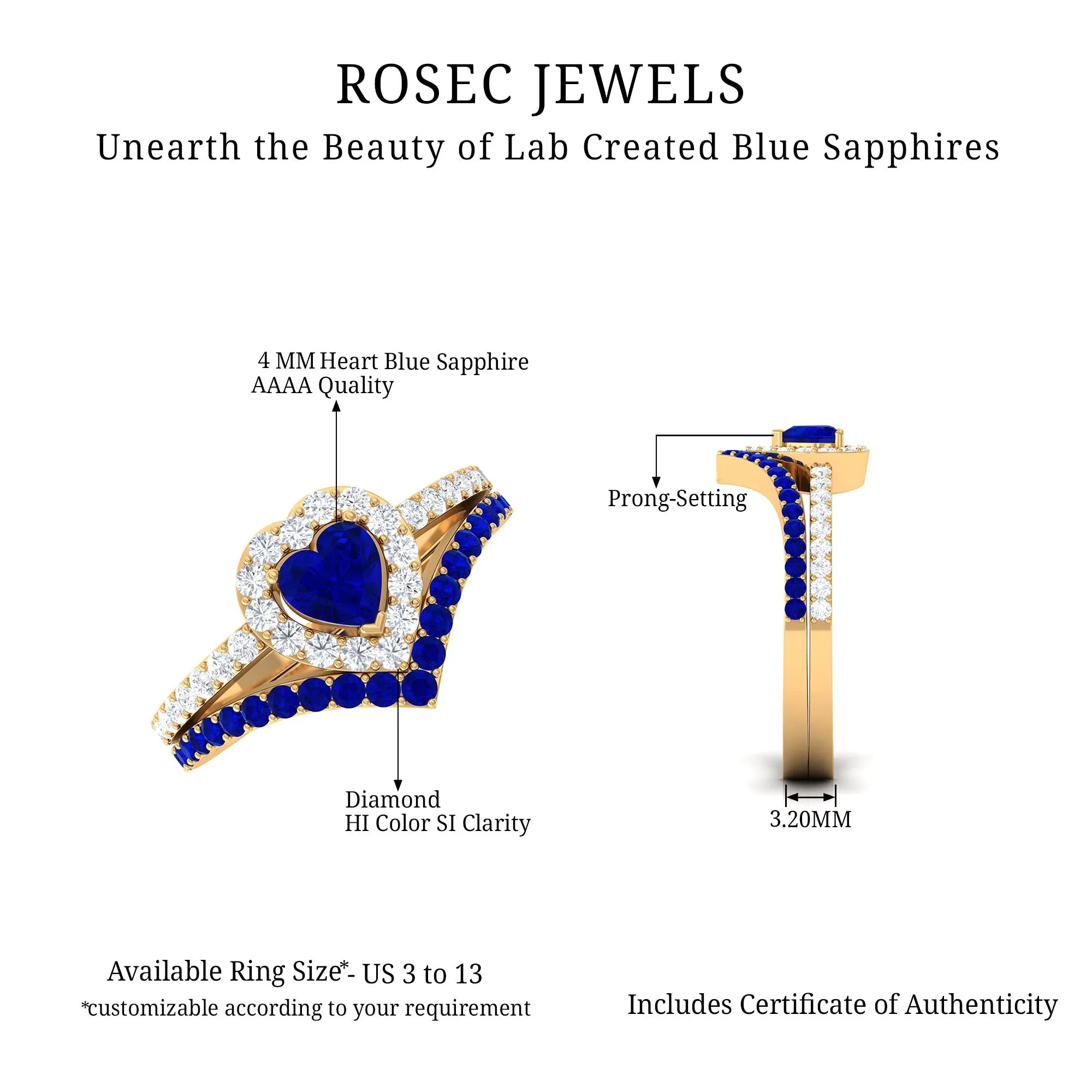 1 CT Created Blue Sapphire and Diamond Heart Wedding Ring Set