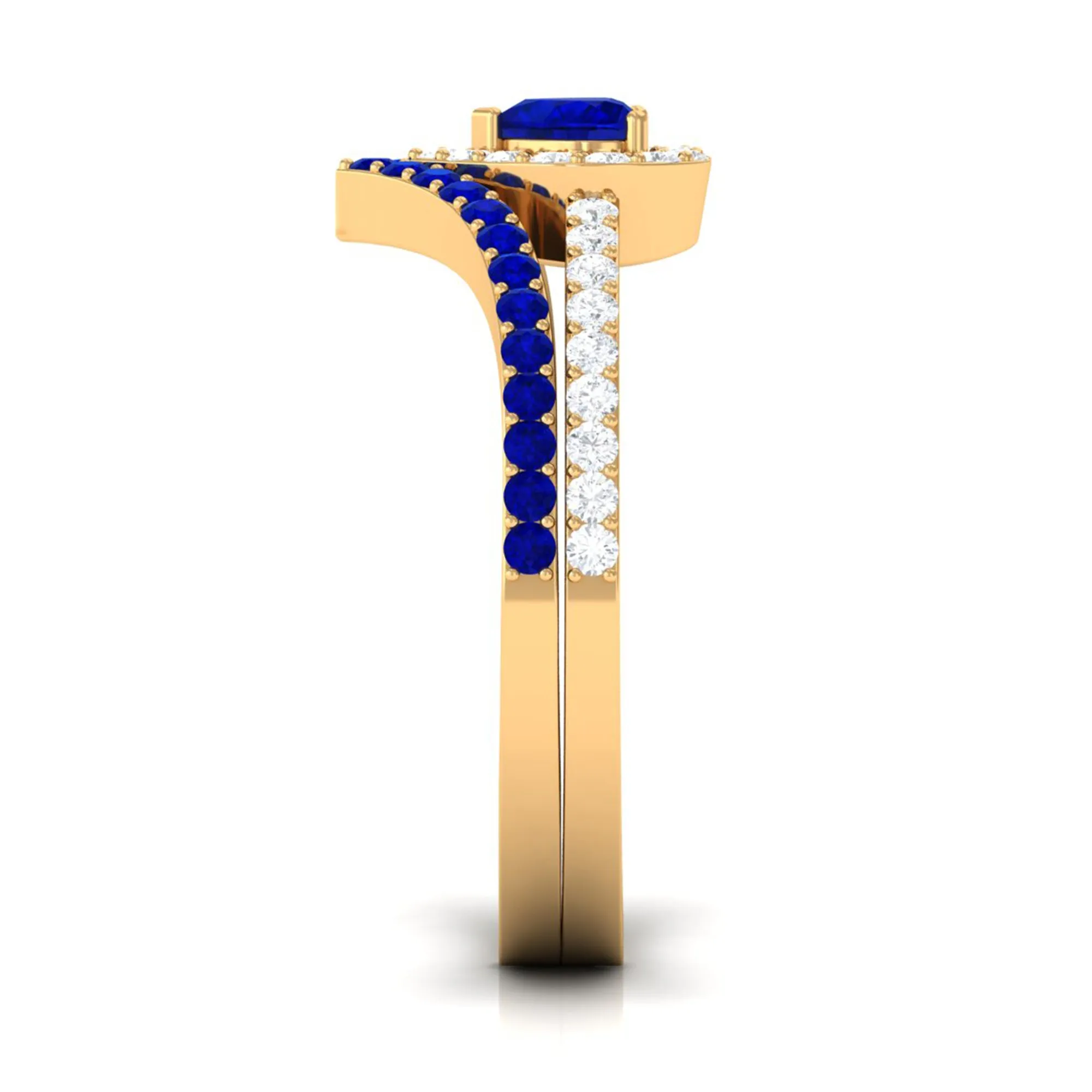 1 CT Created Blue Sapphire and Diamond Heart Wedding Ring Set