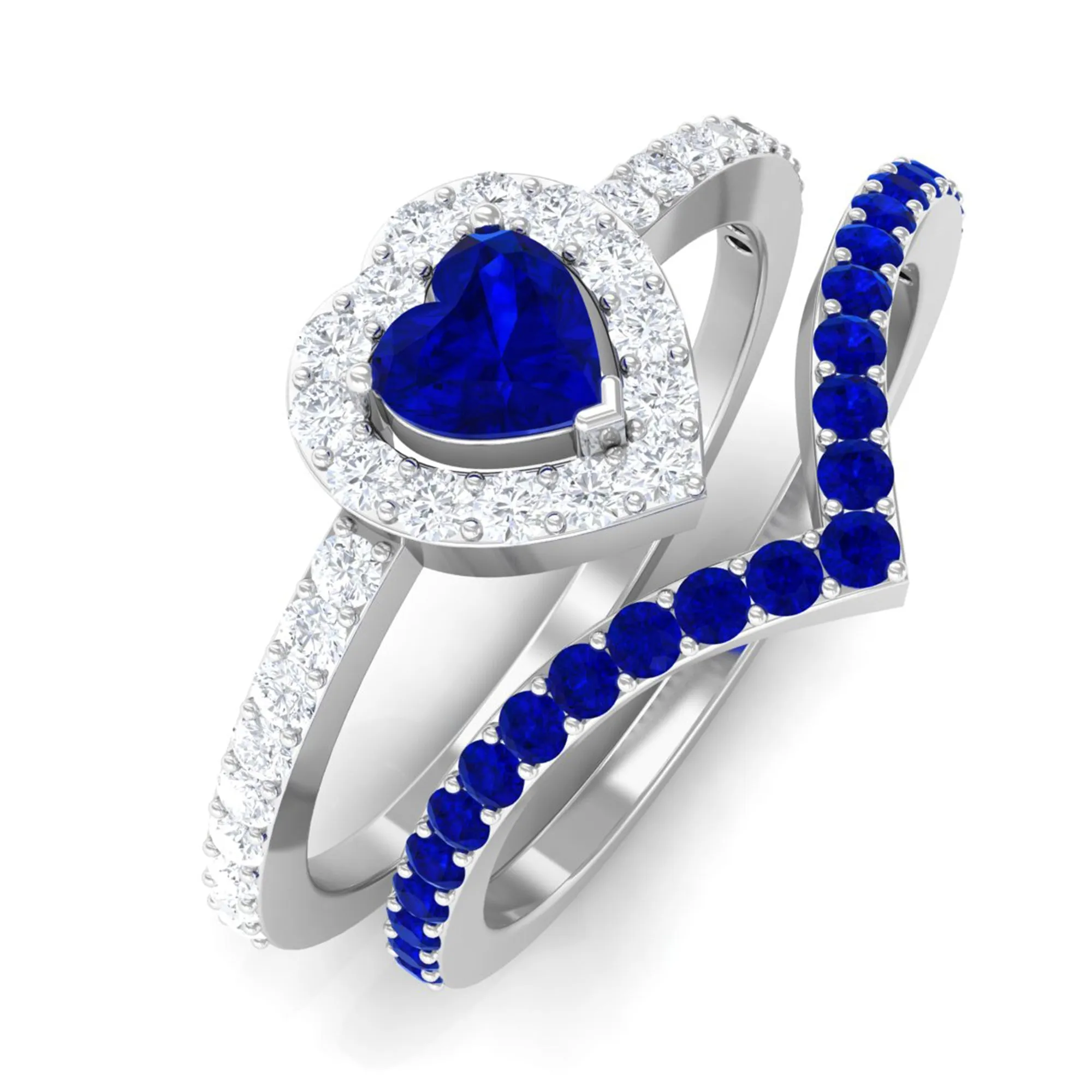 1 CT Created Blue Sapphire and Diamond Heart Wedding Ring Set