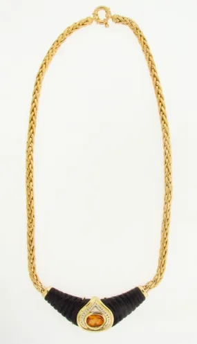 14K YELLOW GOLD CITRINE, ONYX, DIAMOND NECKLACE