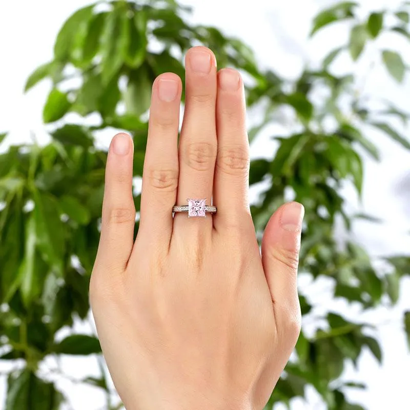 1.5 Carat Princess Fancy Pink Simulated Diamond 925 Sterling Silver Wedding Engagement Ring