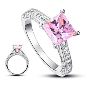 1.5 Carat Princess Fancy Pink Simulated Diamond 925 Sterling Silver Wedding Engagement Ring