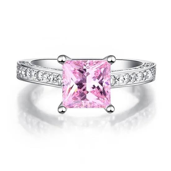 1.5 Carat Princess Fancy Pink Simulated Diamond 925 Sterling Silver Wedding Engagement Ring