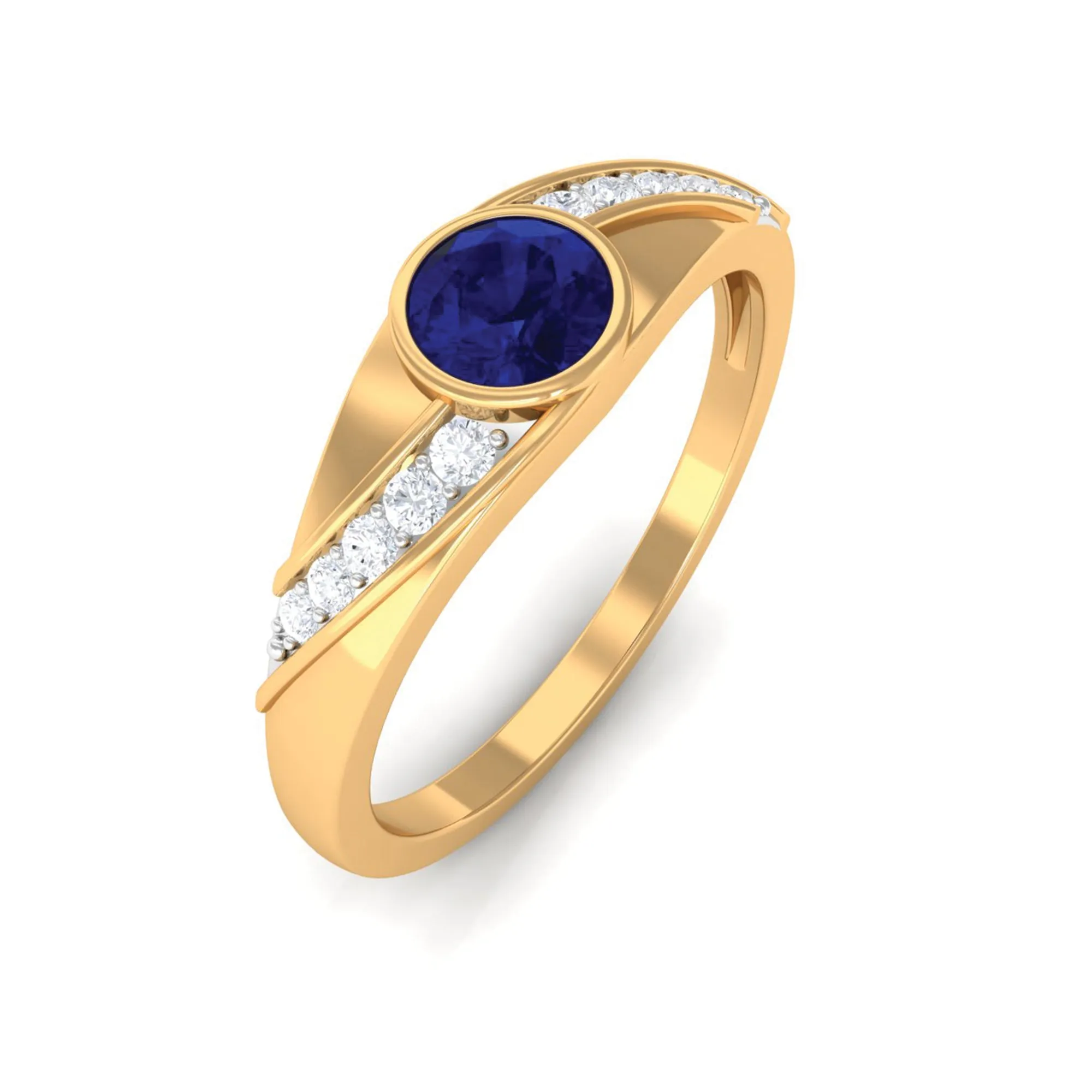 3/4 CT Bezel Set Blue Sapphire Classic Engagement Ring with Diamond