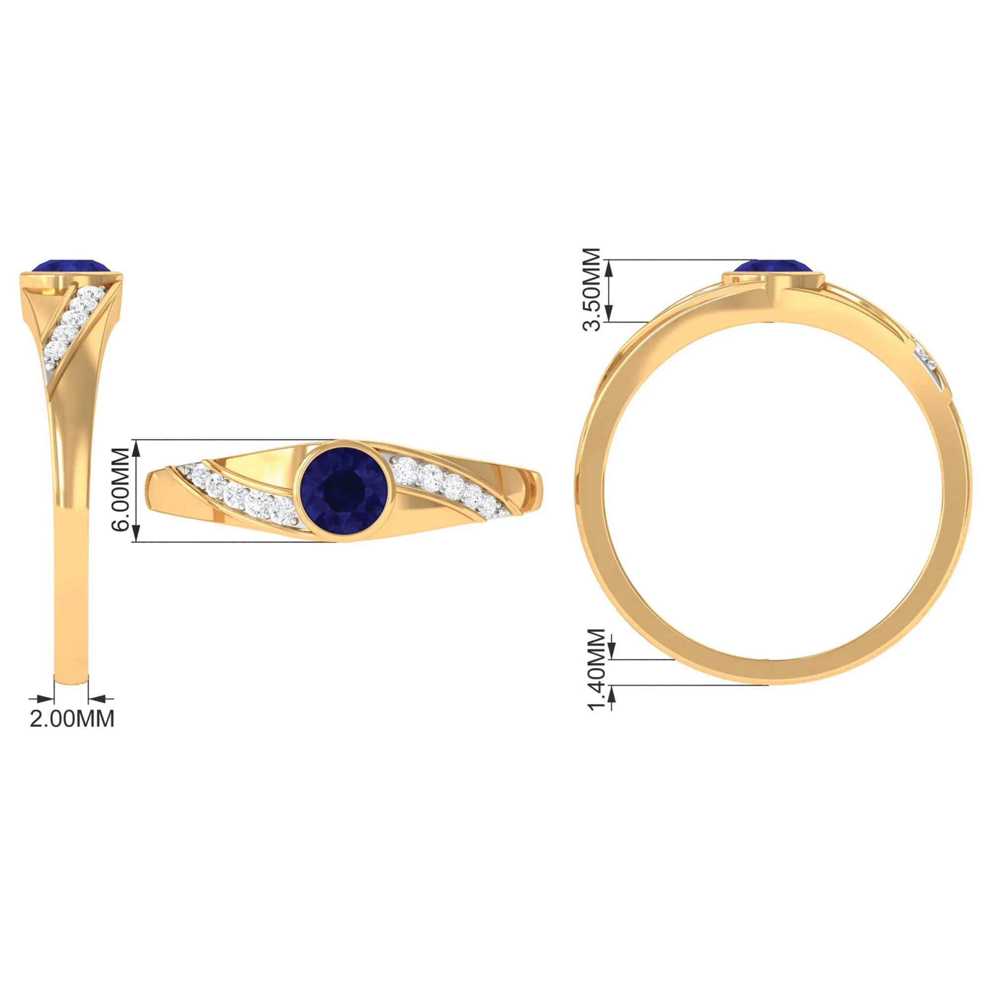 3/4 CT Bezel Set Blue Sapphire Classic Engagement Ring with Diamond