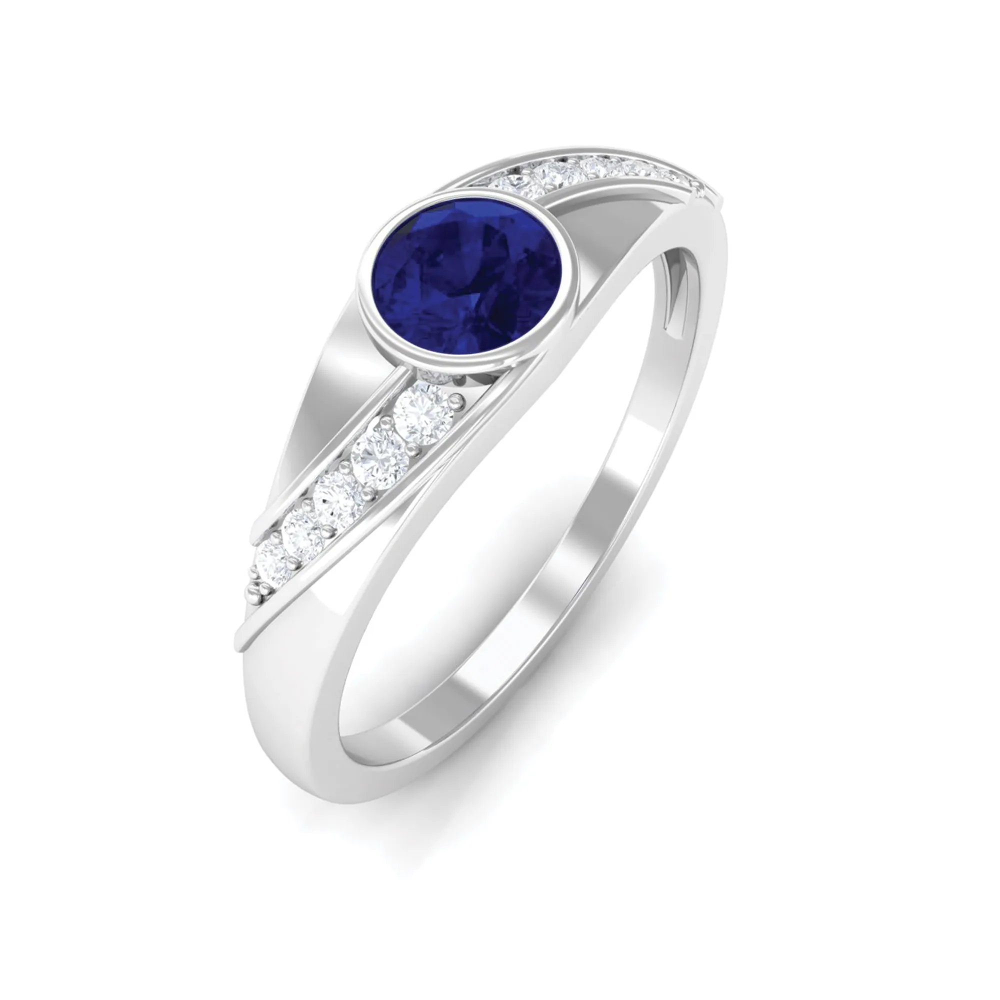 3/4 CT Bezel Set Blue Sapphire Classic Engagement Ring with Diamond