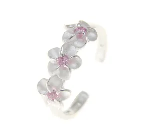 925 Sterling Silver Hawaiian Triple Plumeria Flower Pink CZ Open Toe Ring
