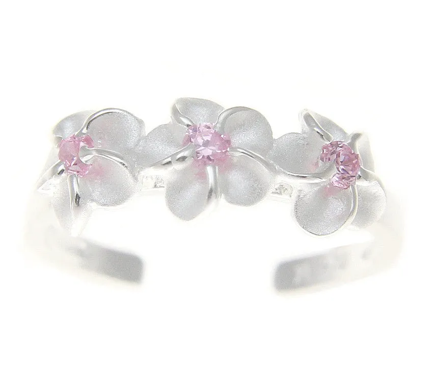 925 Sterling Silver Hawaiian Triple Plumeria Flower Pink CZ Open Toe Ring