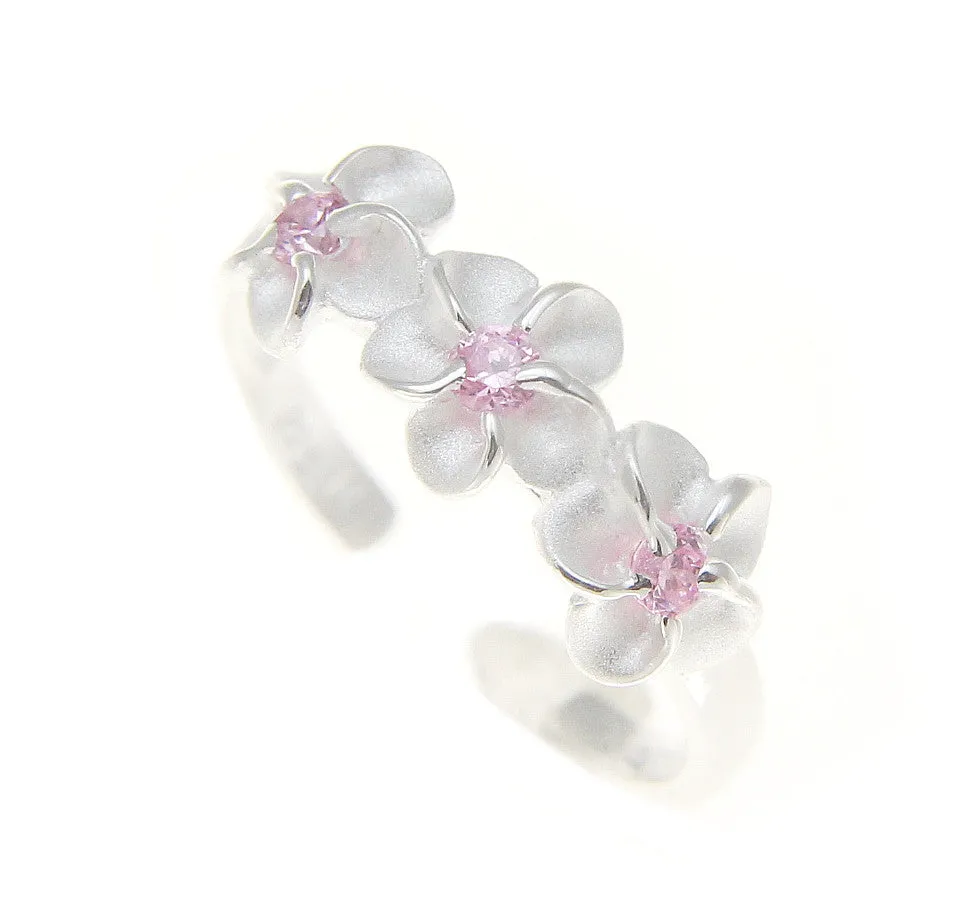 925 Sterling Silver Hawaiian Triple Plumeria Flower Pink CZ Open Toe Ring