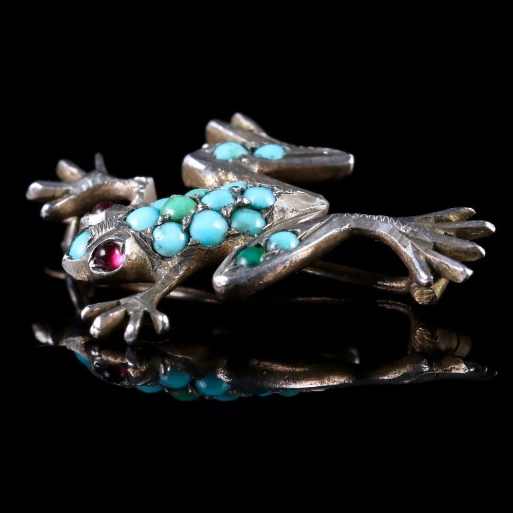 Antique Victorian Turquoise Silver Frog Brooch Circa 1900