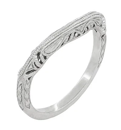 Art Deco Filigree and Wheat Engraved Curved Wedding Ring in Platinum