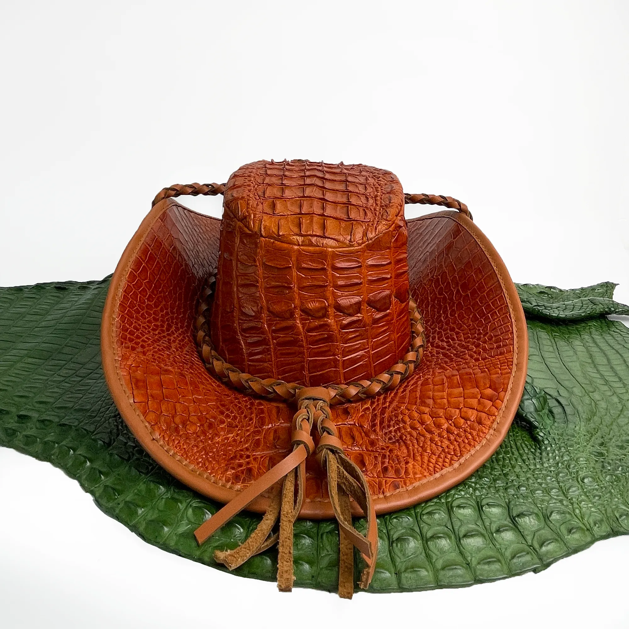 Brown Alligator Cowboy Hat - Mens Crocodile Skin Western Style Hat With Chin Cord | HAT-BRO-77