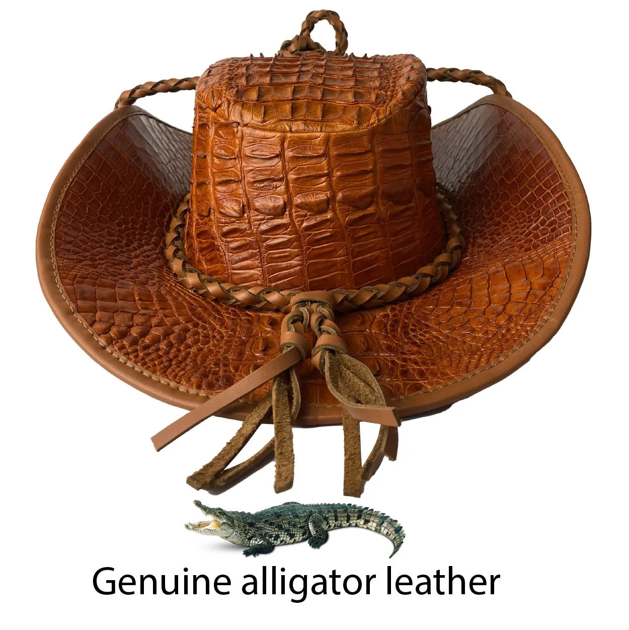 Brown Alligator Cowboy Hat - Mens Crocodile Skin Western Style Hat With Chin Cord | HAT-BRO-77