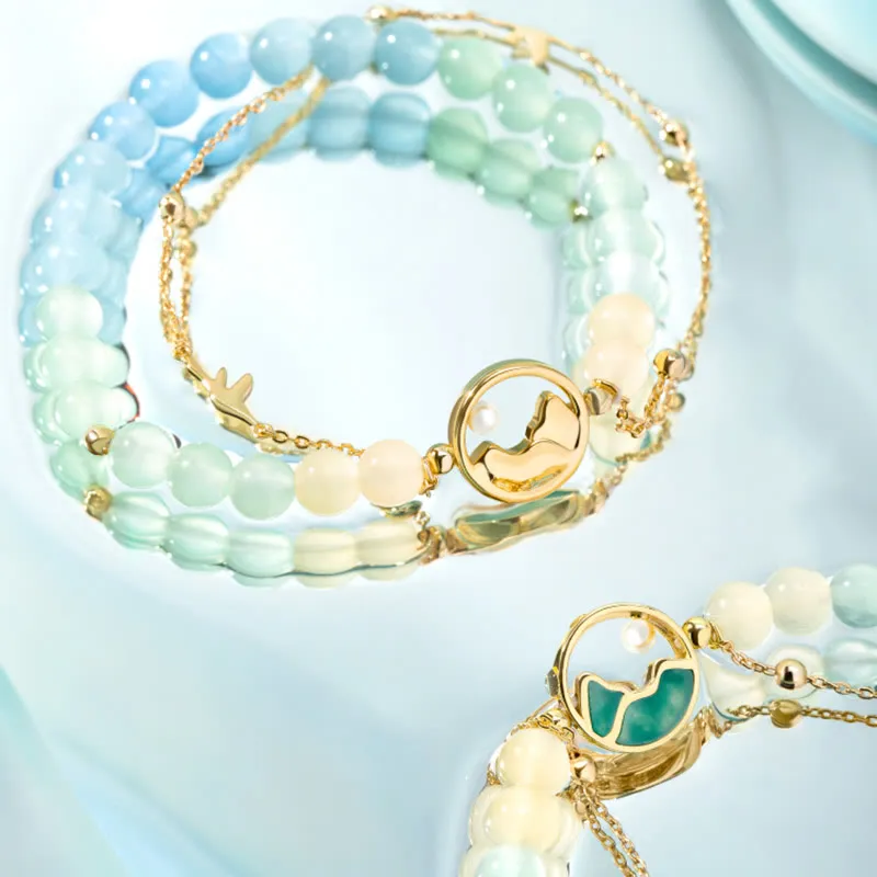 Buddha Stones 18K Gold Plated Copper Natural Jade Chalcedony A Panorama of Rivers and Mountains Luck Necklace Pendant Bracelet Set