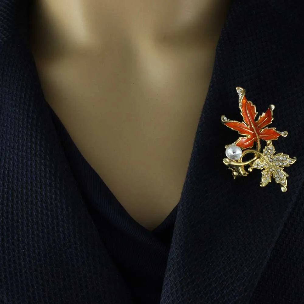 Crystal and Orange Enamel Maple Leaves Brooch Pin - PRL344