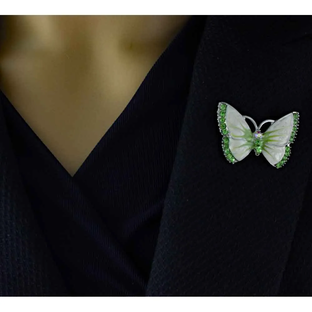 Pearlized Enamel with Green Crystals Butterfly Brooch Pin - PRI981N