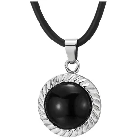 Steel Spiral Spin Swirls Circle Dome Pendant Necklace with Black Gem Stone Black Silicone Cord