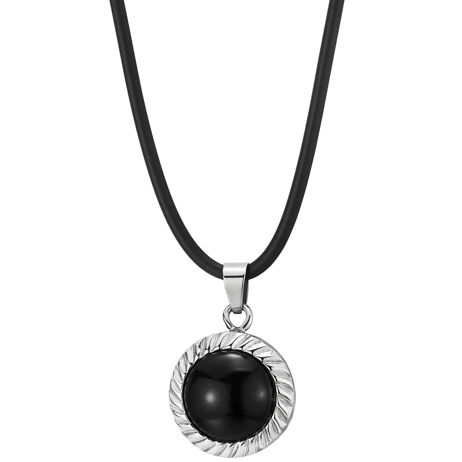 Steel Spiral Spin Swirls Circle Dome Pendant Necklace with Black Gem Stone Black Silicone Cord