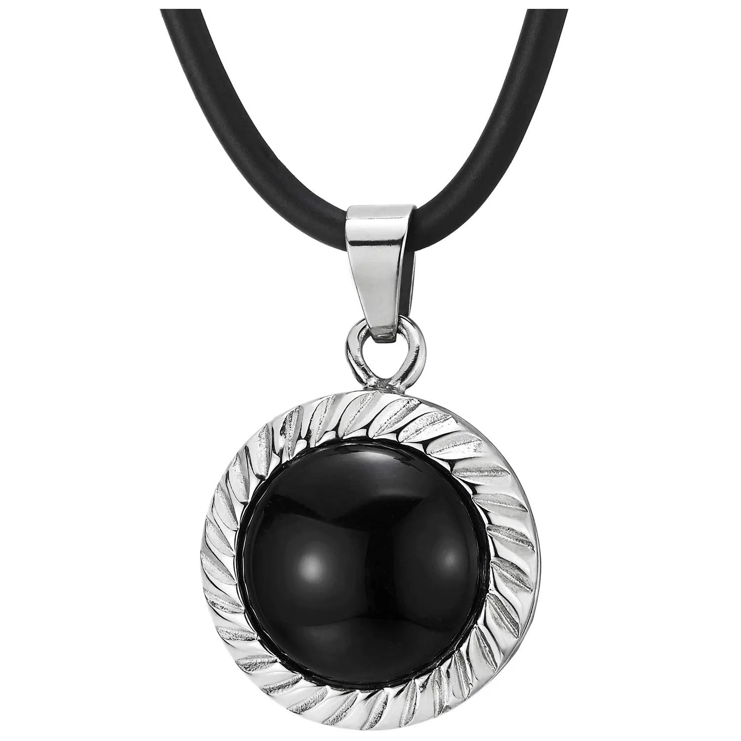 Steel Spiral Spin Swirls Circle Dome Pendant Necklace with Black Gem Stone Black Silicone Cord