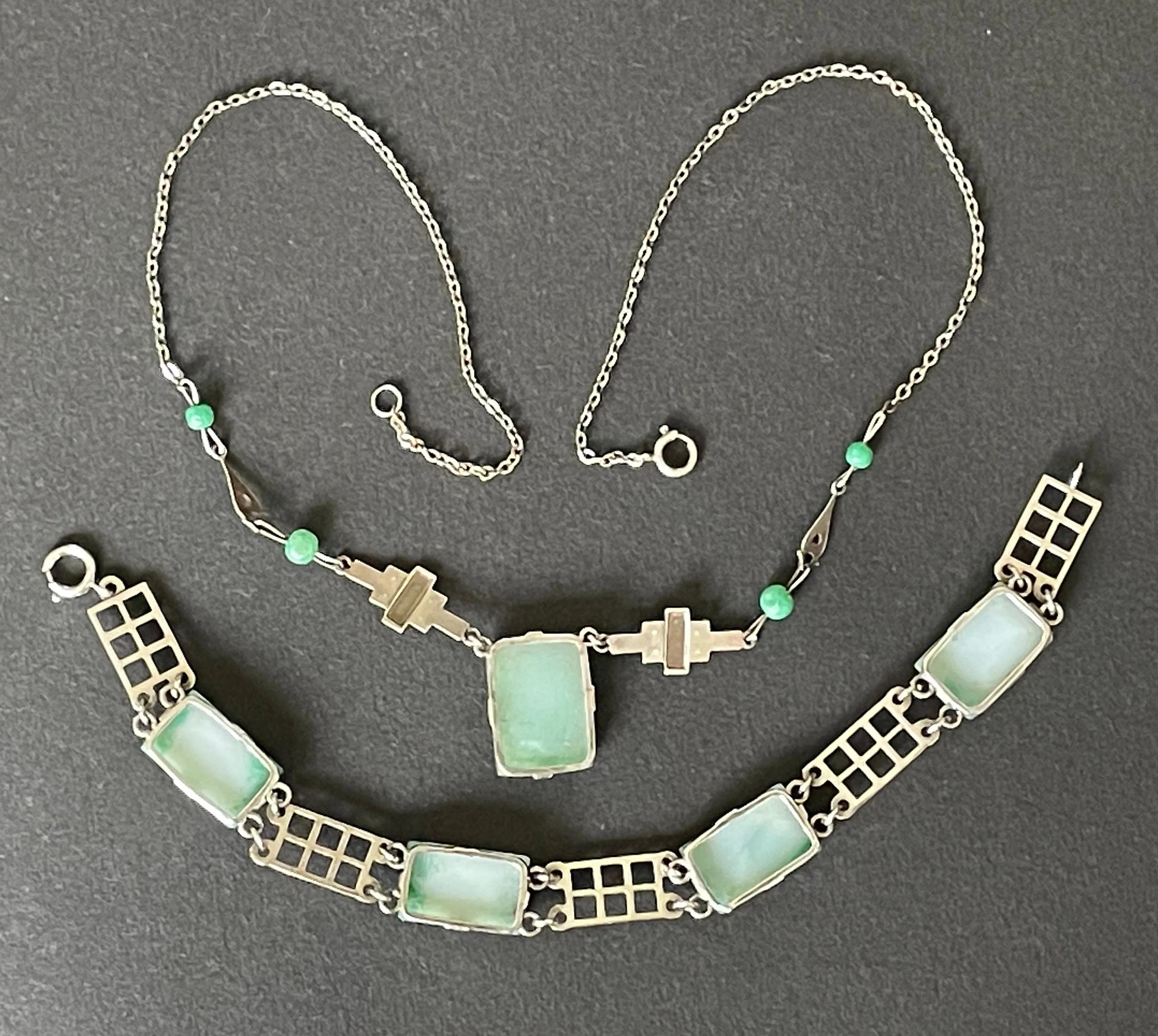 Vintage Art Deco green faux jade moulded glass, marcasite and sterling silver 1930s necklace and bracelet set, geometric flower design