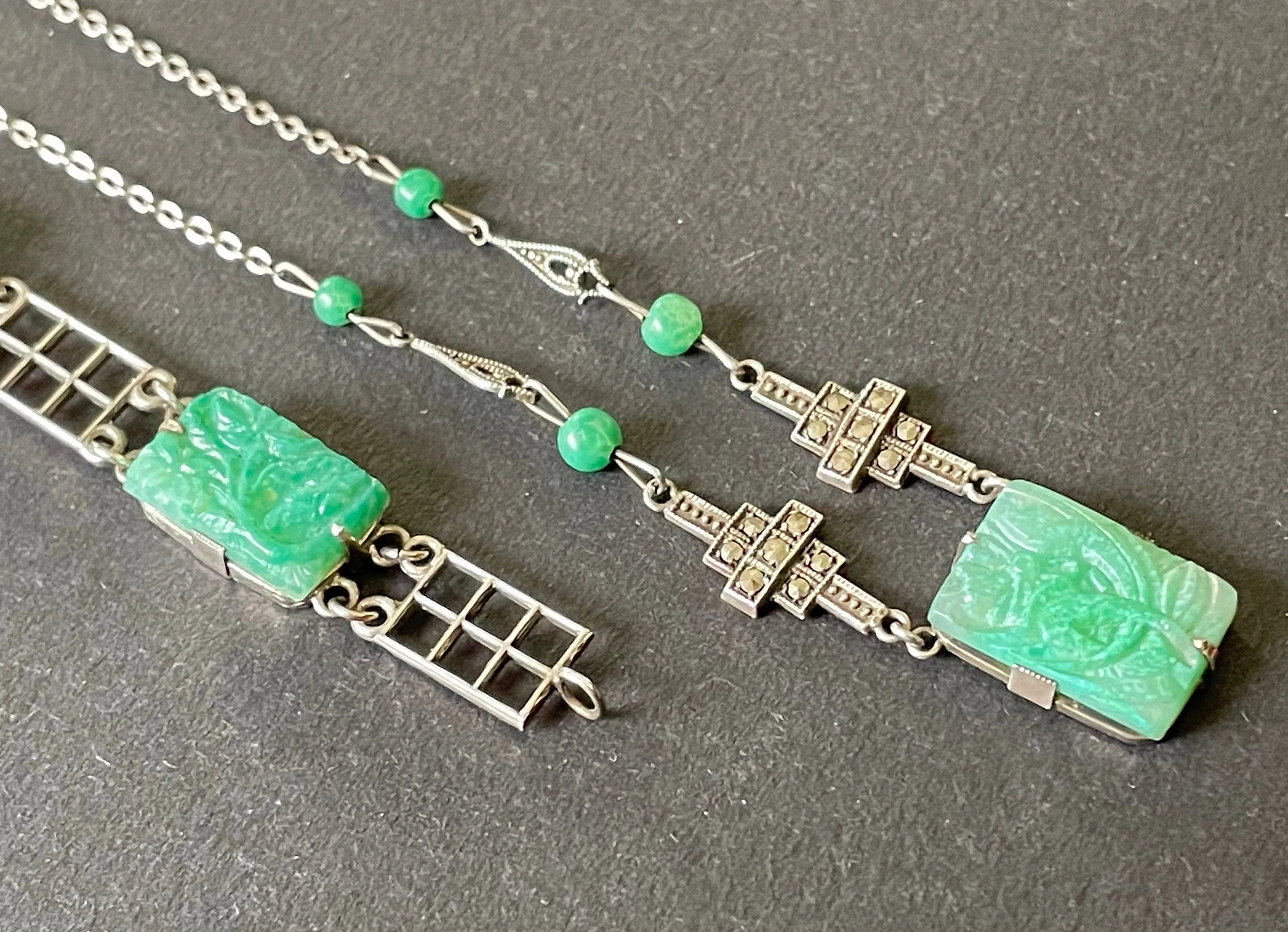 Vintage Art Deco green faux jade moulded glass, marcasite and sterling silver 1930s necklace and bracelet set, geometric flower design
