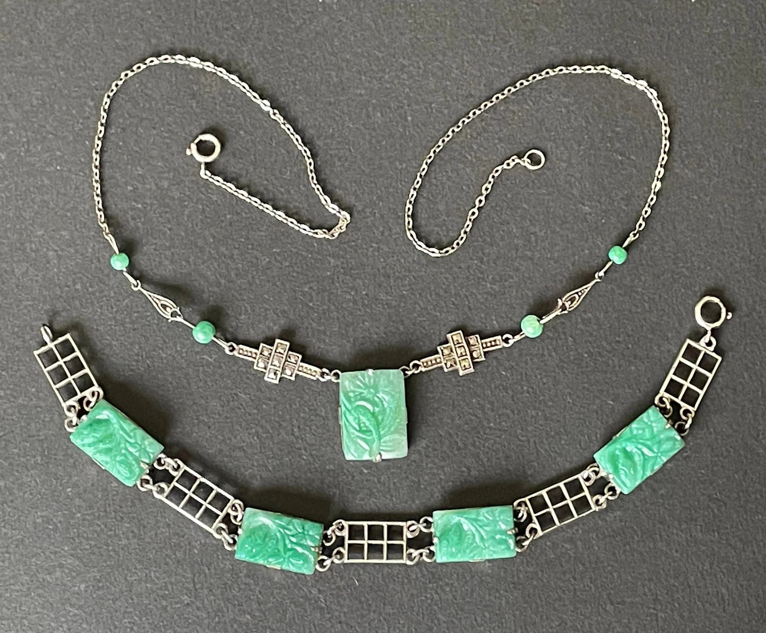 Vintage Art Deco green faux jade moulded glass, marcasite and sterling silver 1930s necklace and bracelet set, geometric flower design