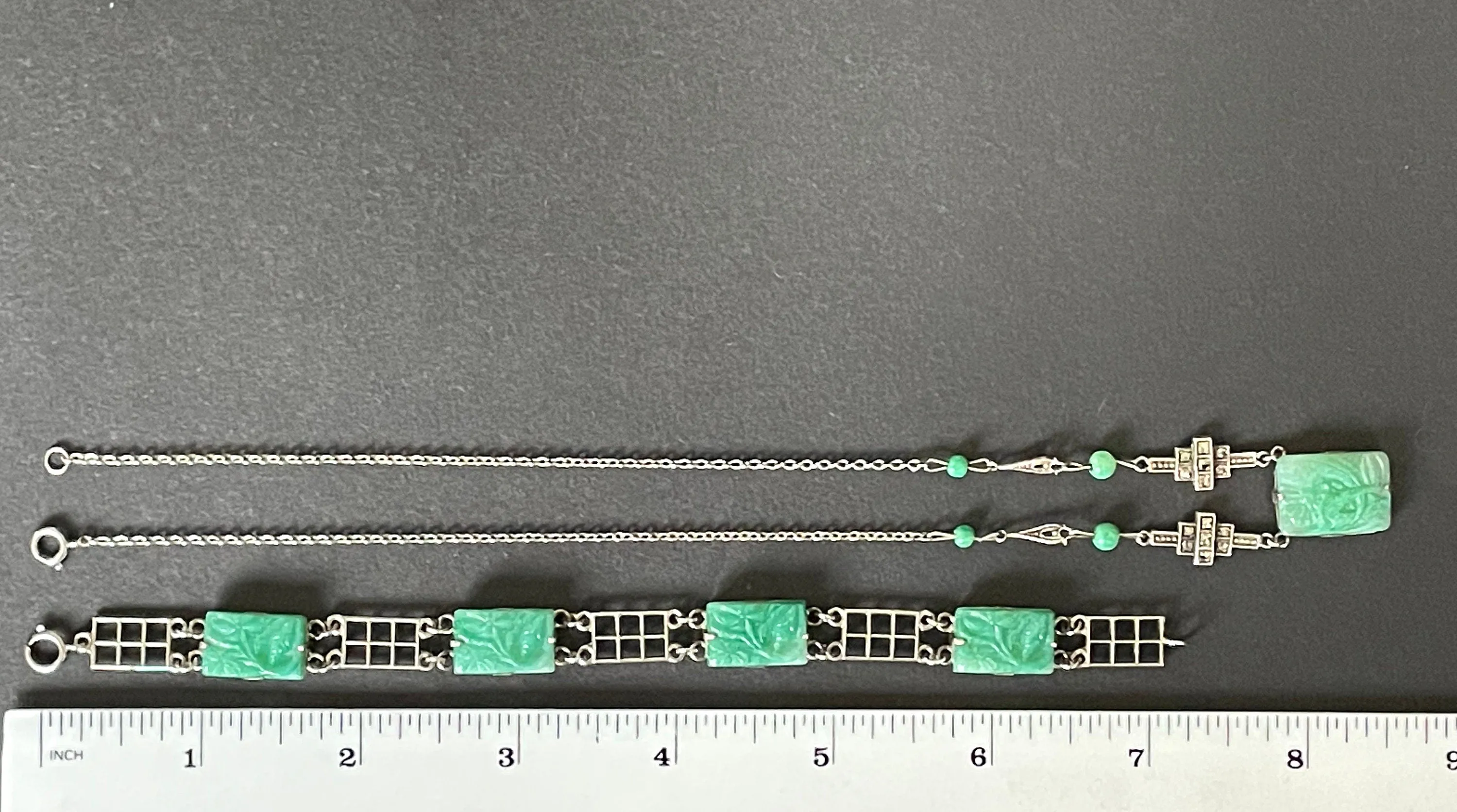Vintage Art Deco green faux jade moulded glass, marcasite and sterling silver 1930s necklace and bracelet set, geometric flower design