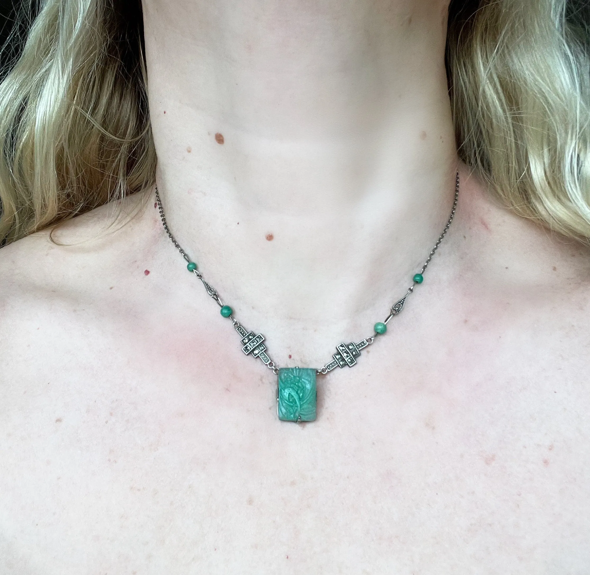 Vintage Art Deco green faux jade moulded glass, marcasite and sterling silver 1930s necklace and bracelet set, geometric flower design