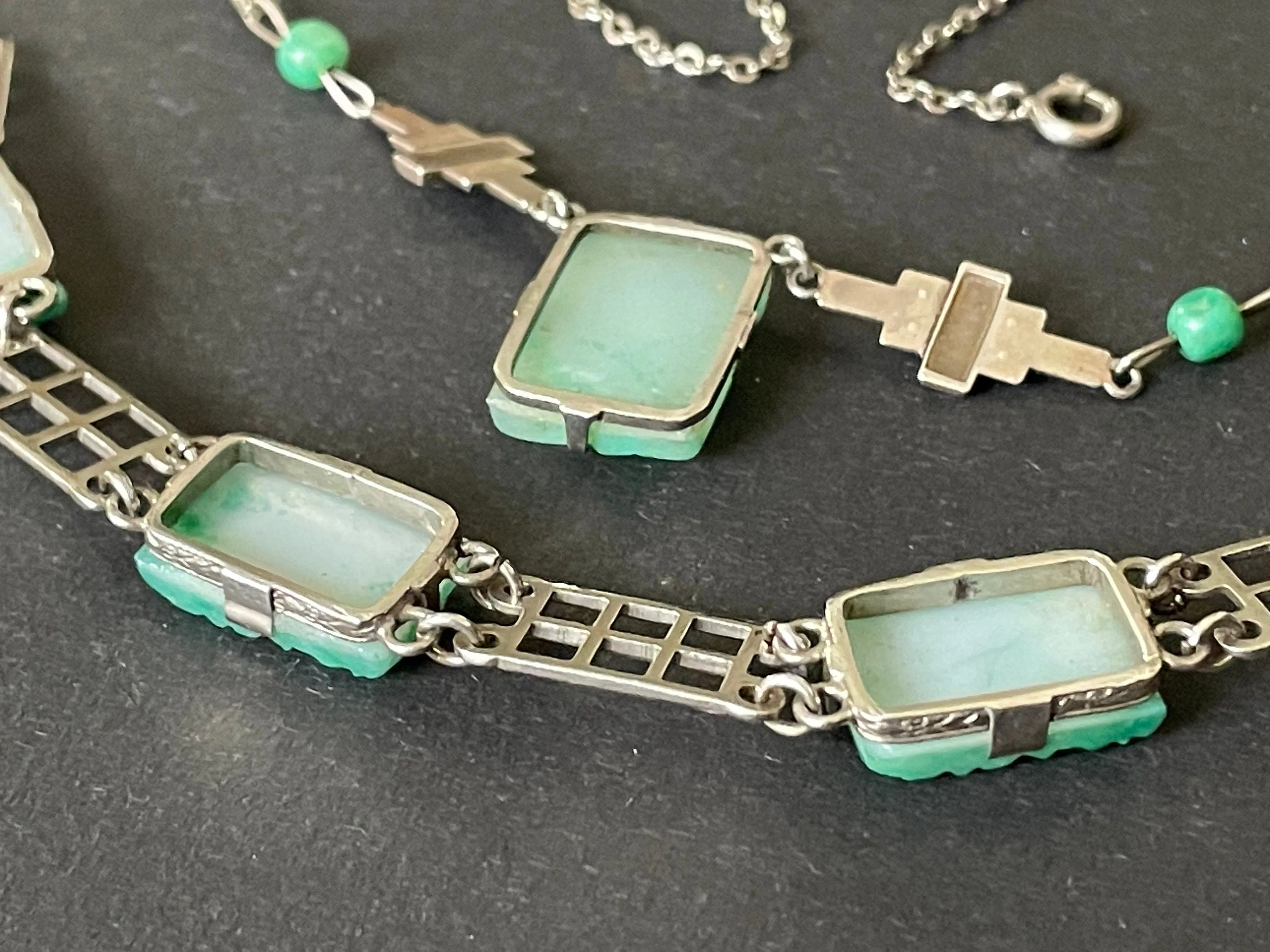 Vintage Art Deco green faux jade moulded glass, marcasite and sterling silver 1930s necklace and bracelet set, geometric flower design