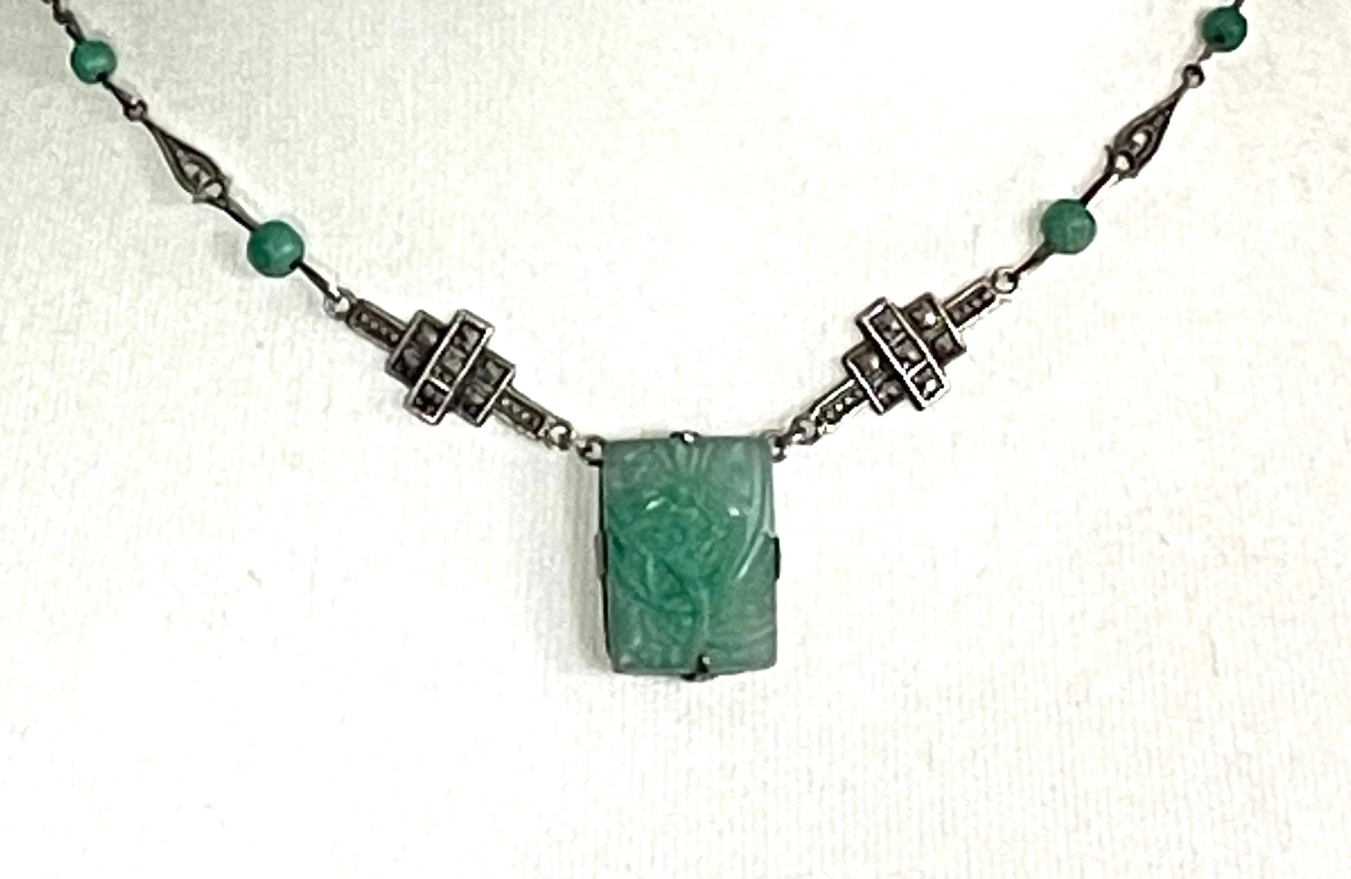 Vintage Art Deco green faux jade moulded glass, marcasite and sterling silver 1930s necklace and bracelet set, geometric flower design