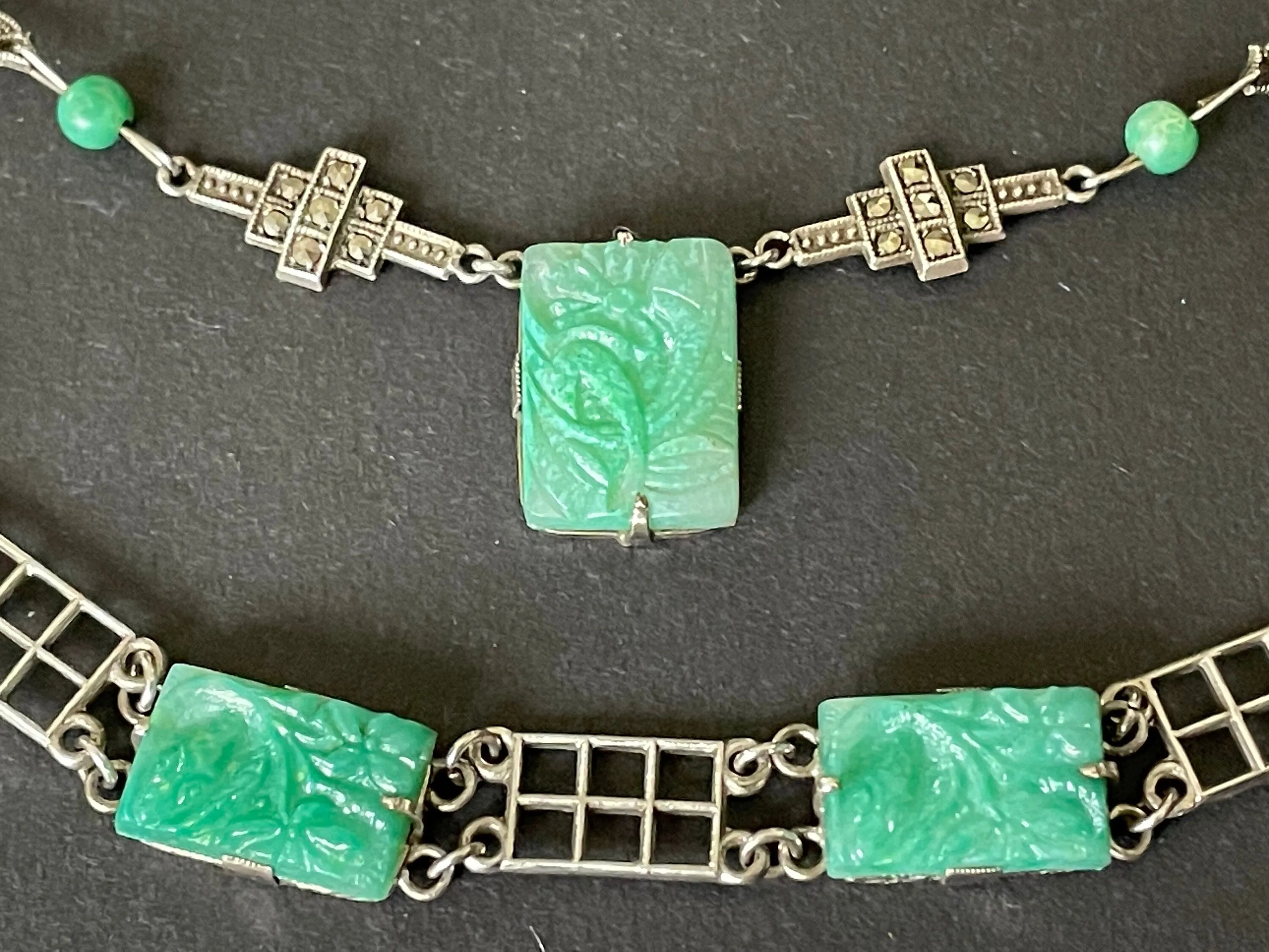 Vintage Art Deco green faux jade moulded glass, marcasite and sterling silver 1930s necklace and bracelet set, geometric flower design