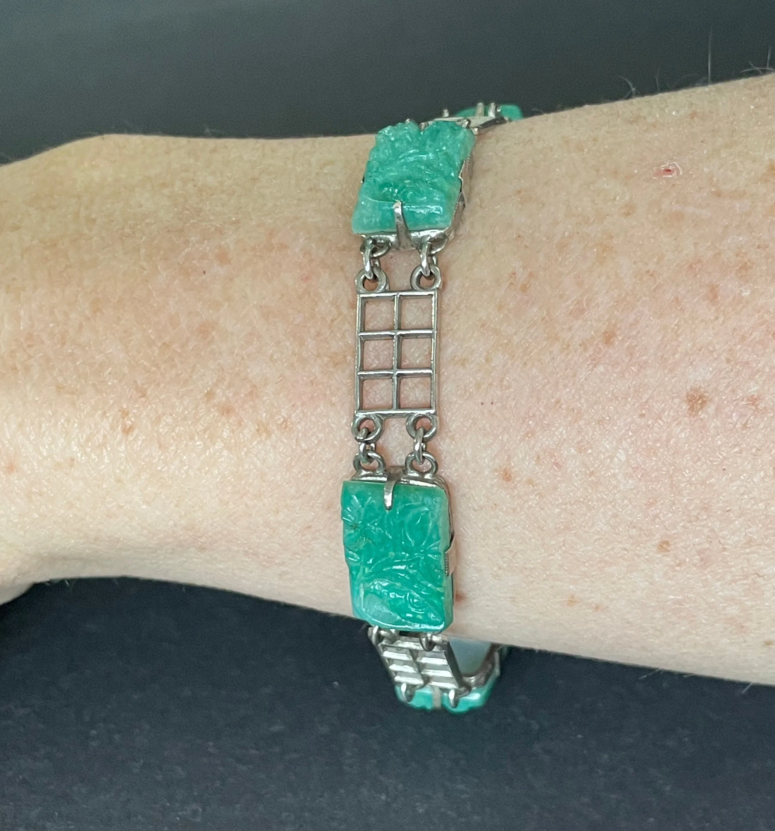 Vintage Art Deco green faux jade moulded glass, marcasite and sterling silver 1930s necklace and bracelet set, geometric flower design