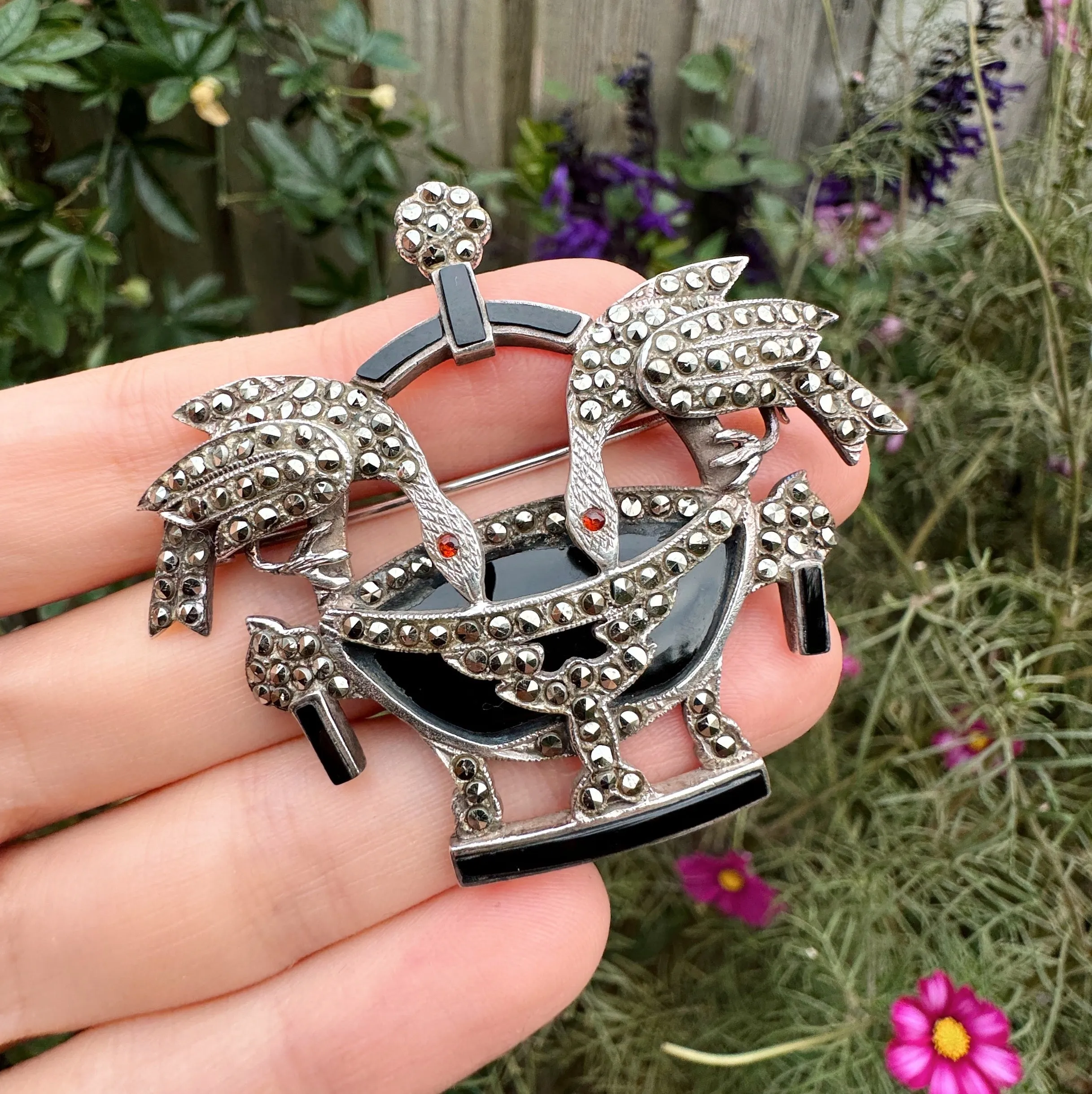 Vintage Silver Onyx Marcasite Swan Brooch