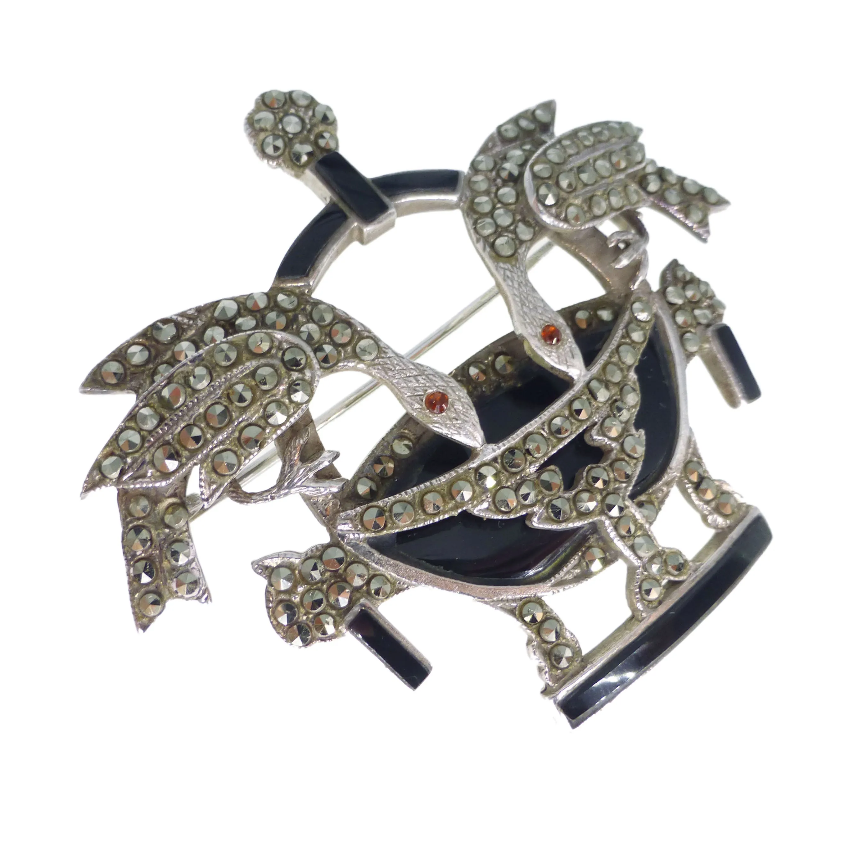 Vintage Silver Onyx Marcasite Swan Brooch