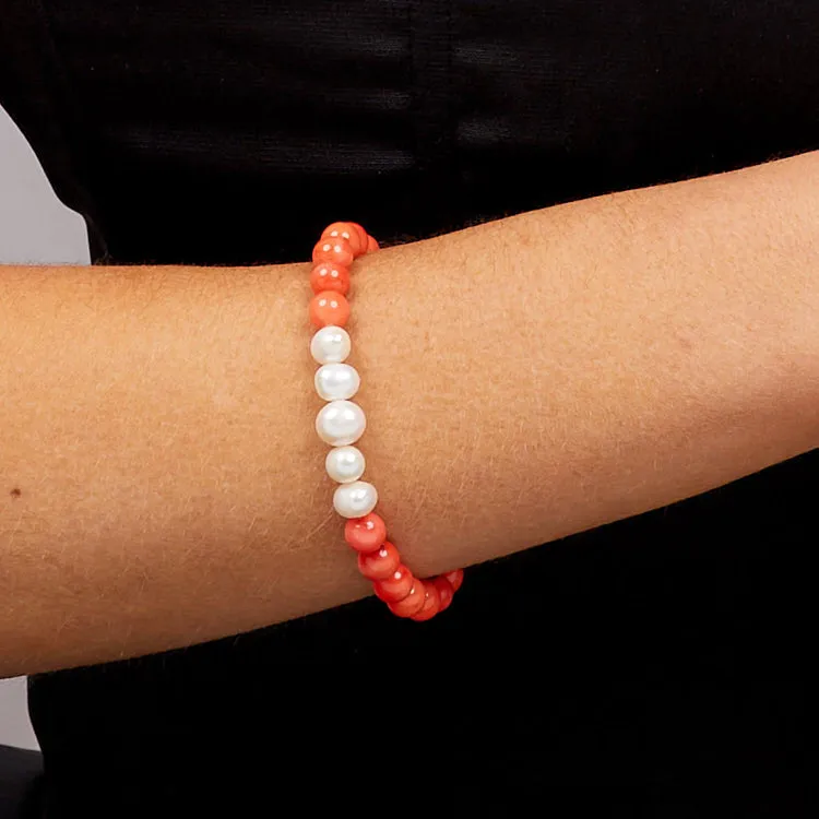 Women's Bracelet Pink Coral and White Freshwater Pearl Bracelet